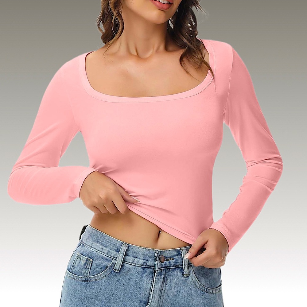 NWT Baby Pink Long‎ Sleeve Square Neck Crop Top-XS